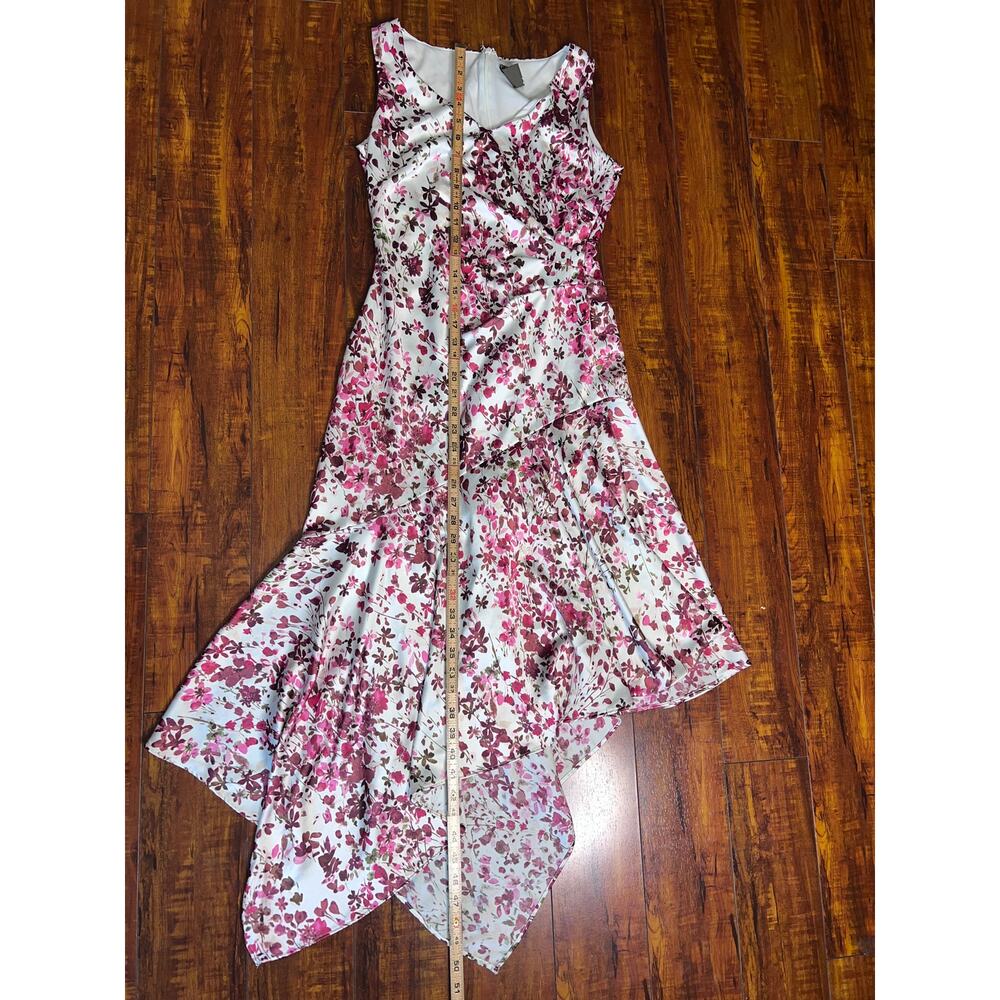 Taylor Floral Satin Midi Dress Women 4 pink Ruched Asymmetrical Handkerchief Hem - Picture 6 of 10